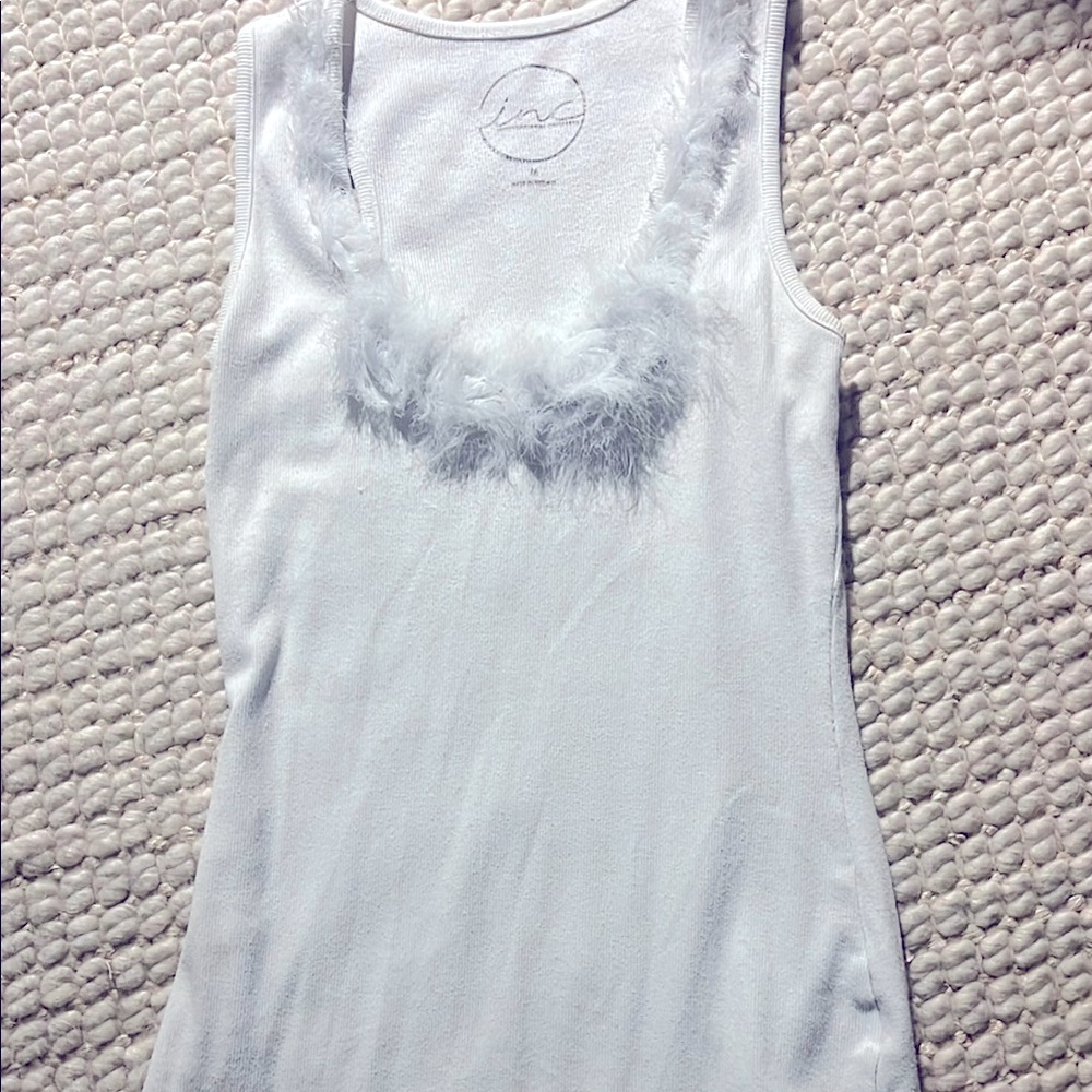 INC International Concepts White Tank Top with Feather Detail